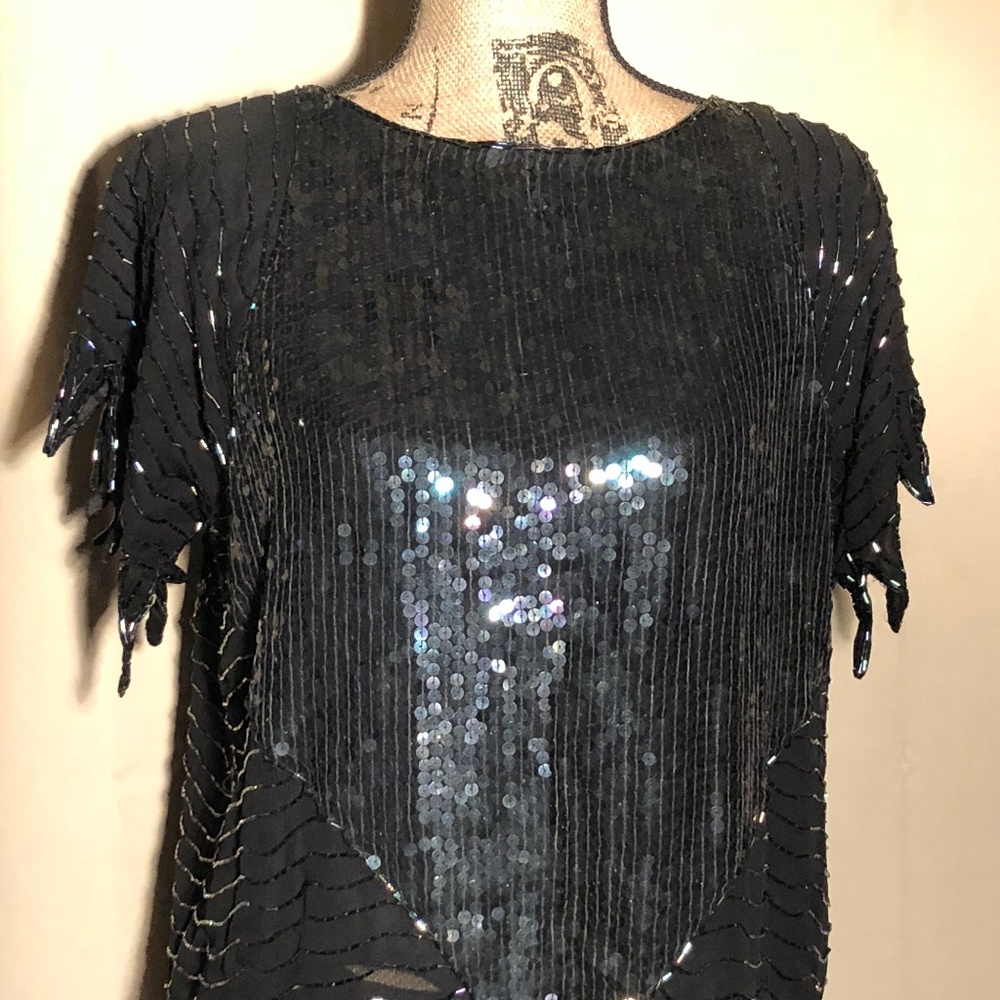 Vtg Black Woman Silk Beads Sequin Skirt Top Set